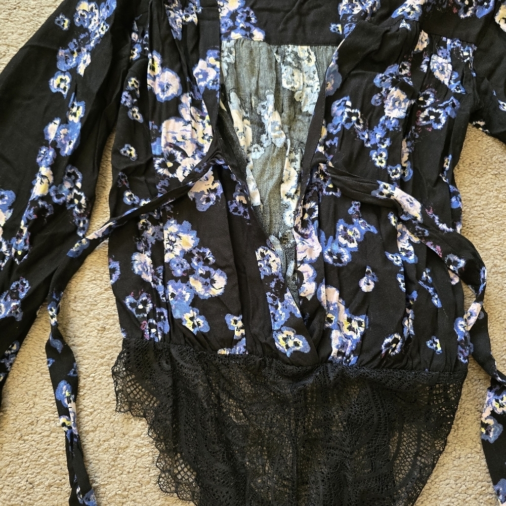 Free People Intimates Floral Bodysuit - Black and Blue Boho Feminine - Picture 7 of 8